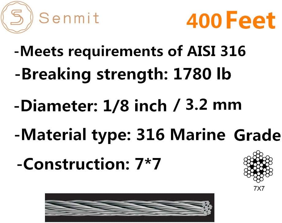 1/8 Stainless Steel Aircraft Wire Rope, 7 x 7 400 Feet T 316 Marine Grade G37918