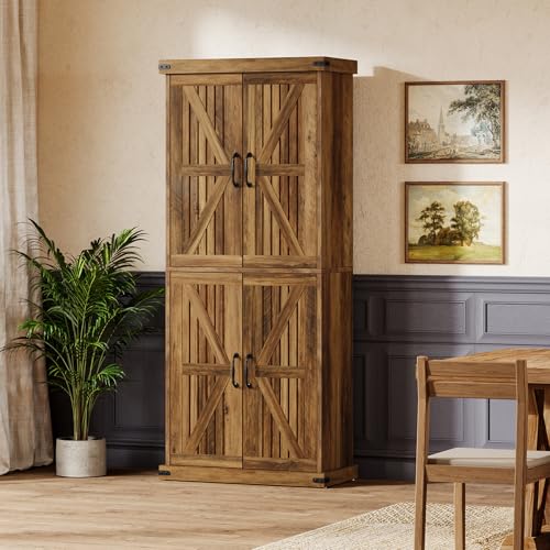 71" Tall Kitchen Pantry, Farmhouse Storage Cabinet with Barn Doors and Adjustable Shelves, Rustic Wooden Cupboard, Brown H98457