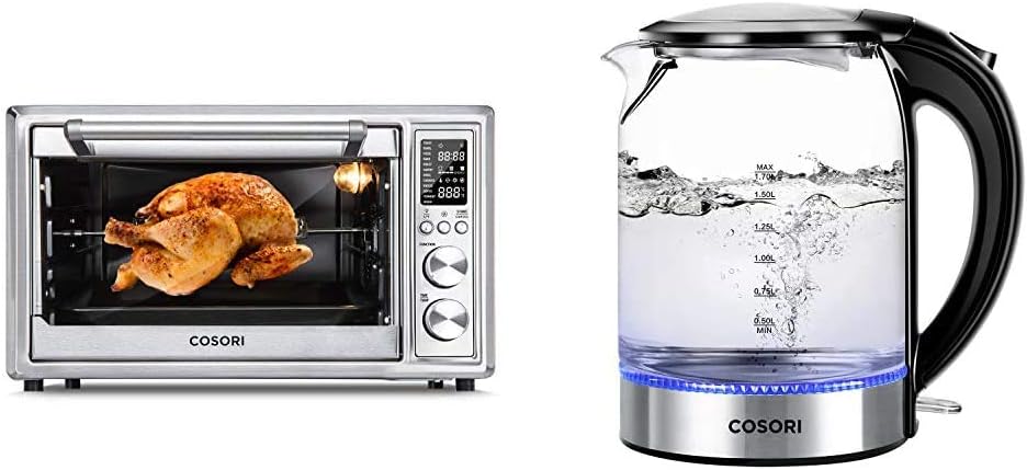 12-in-1 Air Fryer Toaster Oven Convection Roaster with Rotisserie & Dehydrator, 30L, Silver & Electric Kettle Glass Boiler Hot Water & Tea Heater with LED Indicator Light, 1.7L, Black K3731