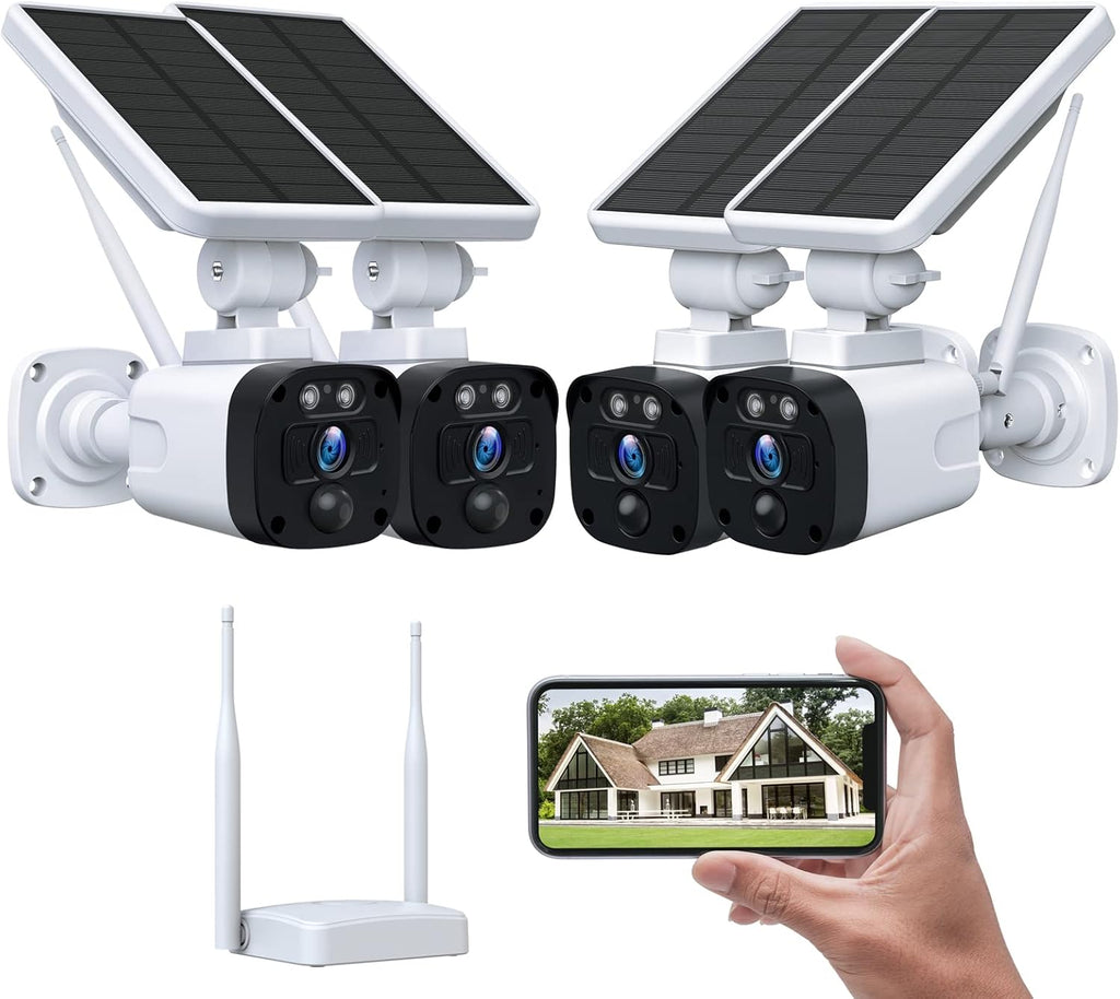 Wireless Solar Security Camera System with Base Station and 4 Cameras, 3MP Night Vision, IP65 Waterproof F493670
