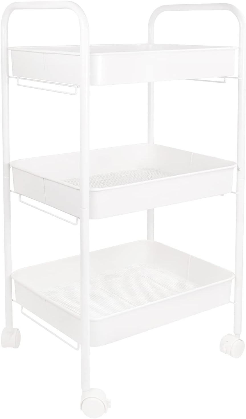 3-Tier Rolling Metal Storage Cart with Lockable Wheels, White H602194