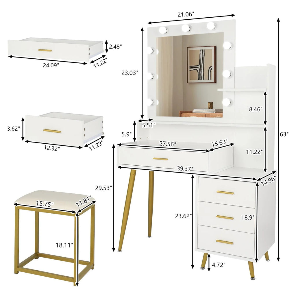 White Vanity Table Set with Lighted Mirror and 4 Drawers T42857