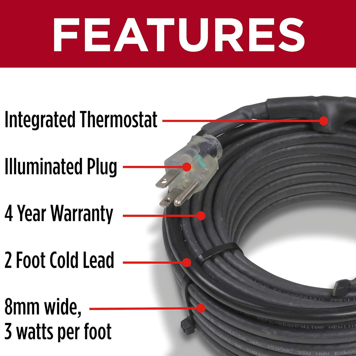 60 Feet Self-Regulating Heat Cable with Built-in Thermostat O259