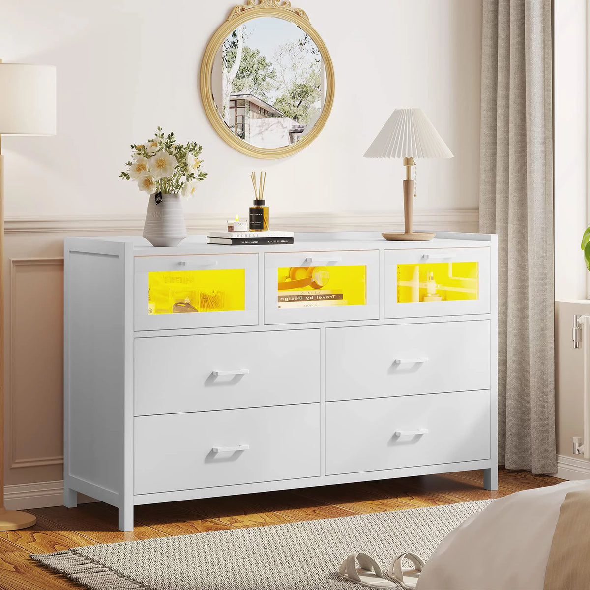 White 7 Drawer Dresser with LED Lights M54776
