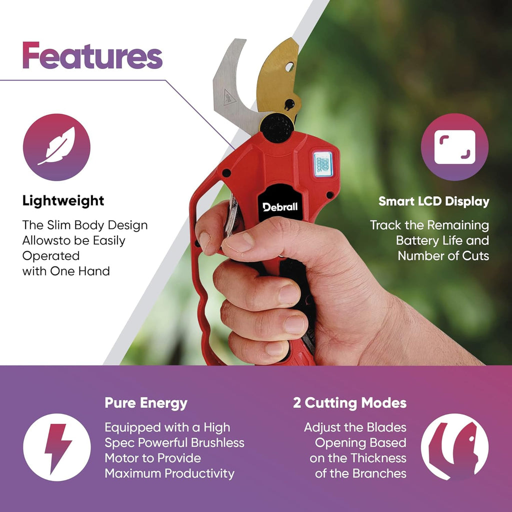 Electric Pruning Shears 21V, SK5 Carbon Steel Blades, 2 Rechargeable 2Ah Lithium Batteries, LCD Display, 30 mm Cutting Diameter, Pack of 2 X311