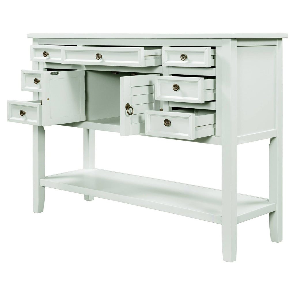 Light Blue Green Pine Console Table with 7 Drawers 1 Cabinet 1 Shelf V3550
