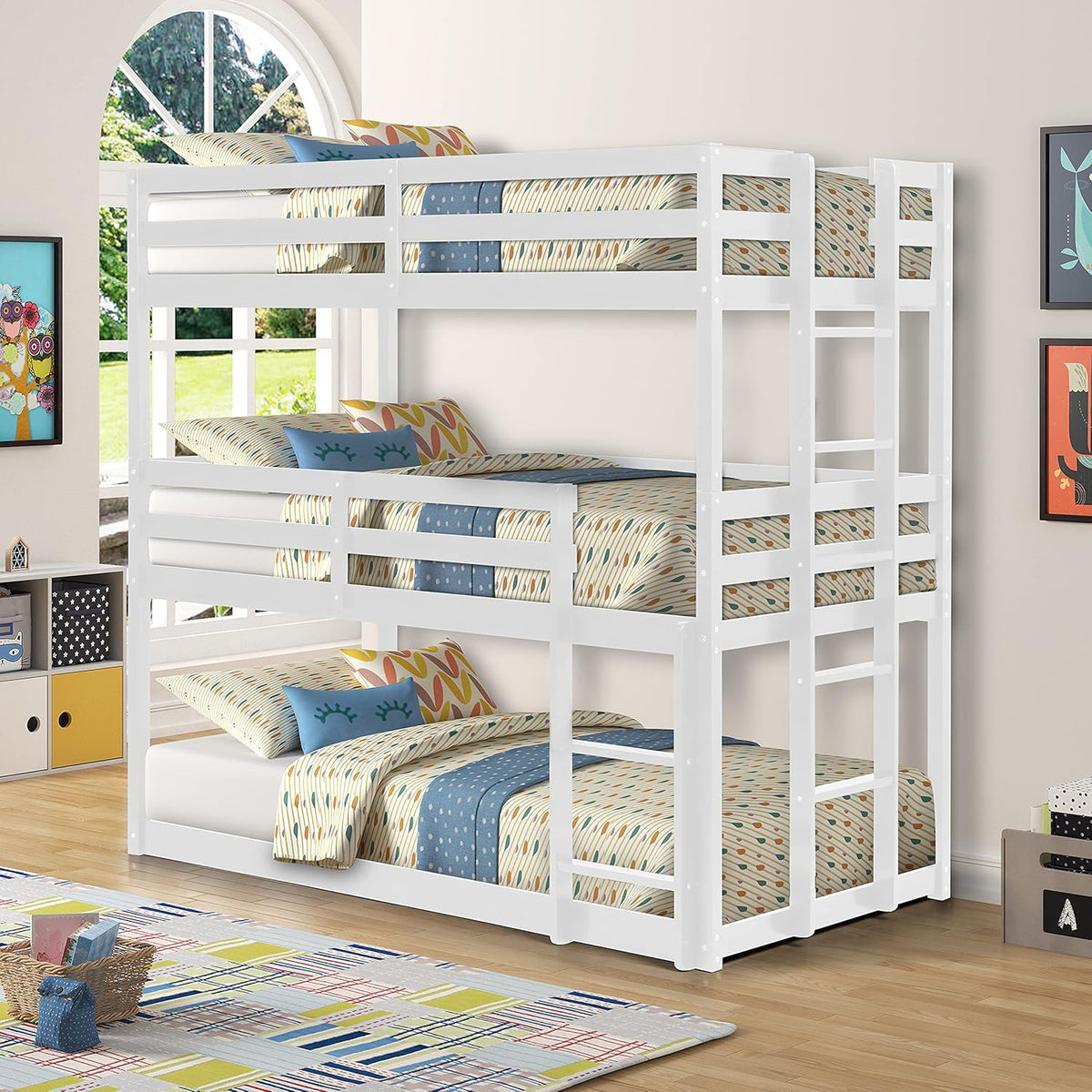 Twin Size Wood Triple Bunk Bed with Guard Rail and Ladder B7120