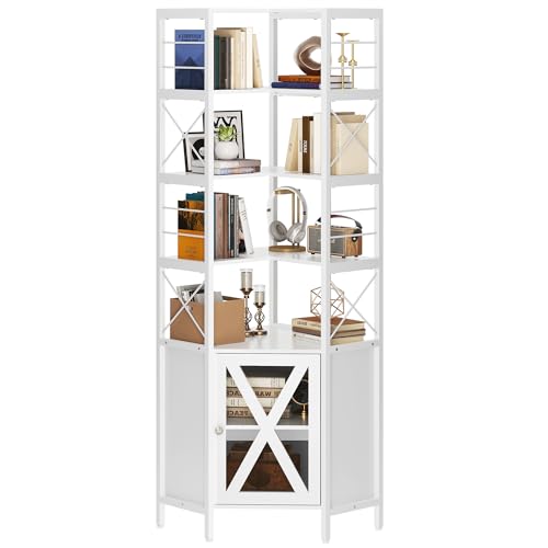 White 7-Tier Corner Bookshelf with Doors S37023