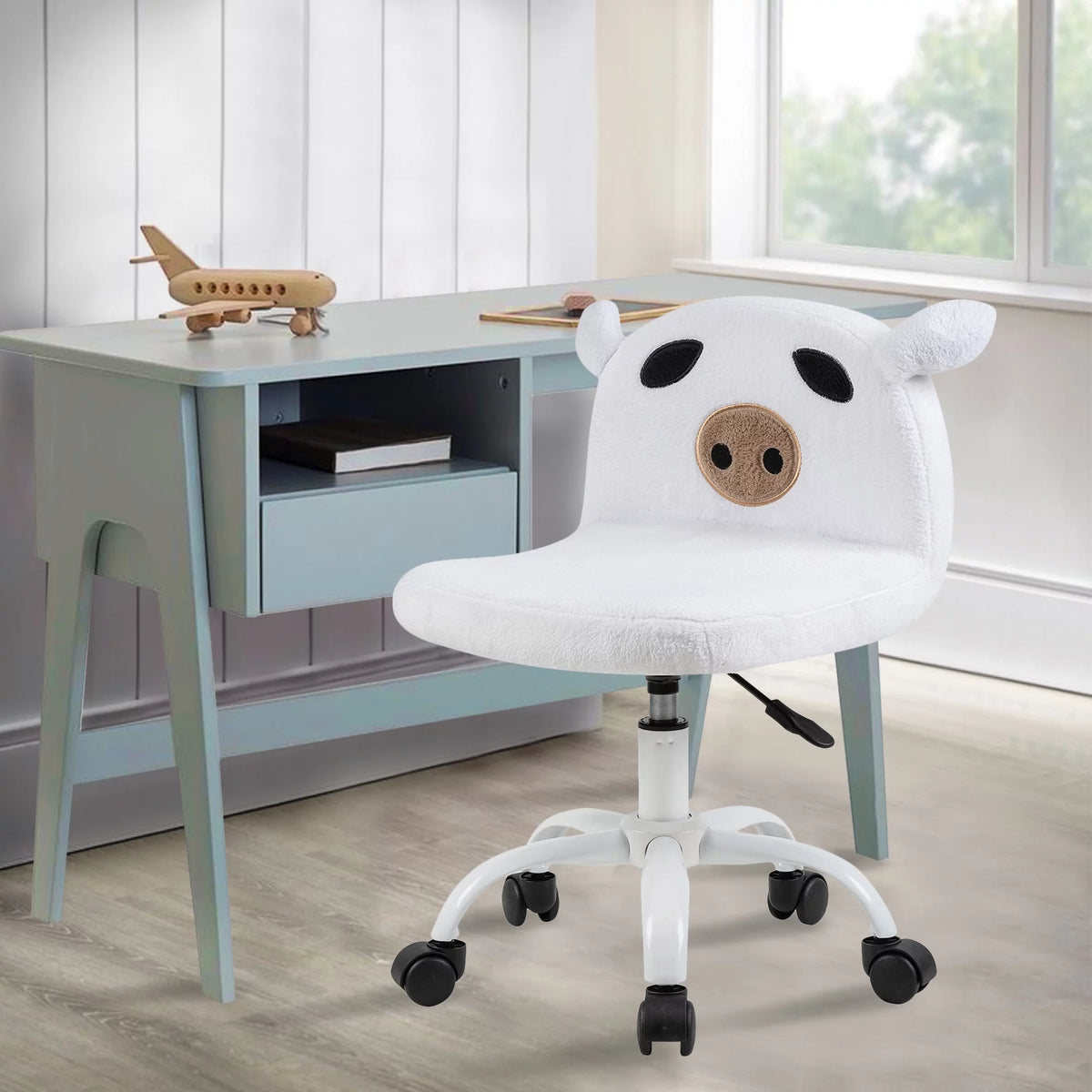 White Fuzzy Adjustable Armless Swivel Rolling Desk Chair V729426