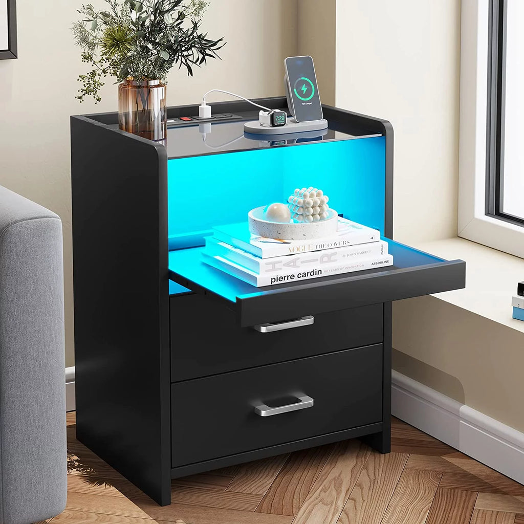 Black LED Nightstand with USB Charging and Drawers J970