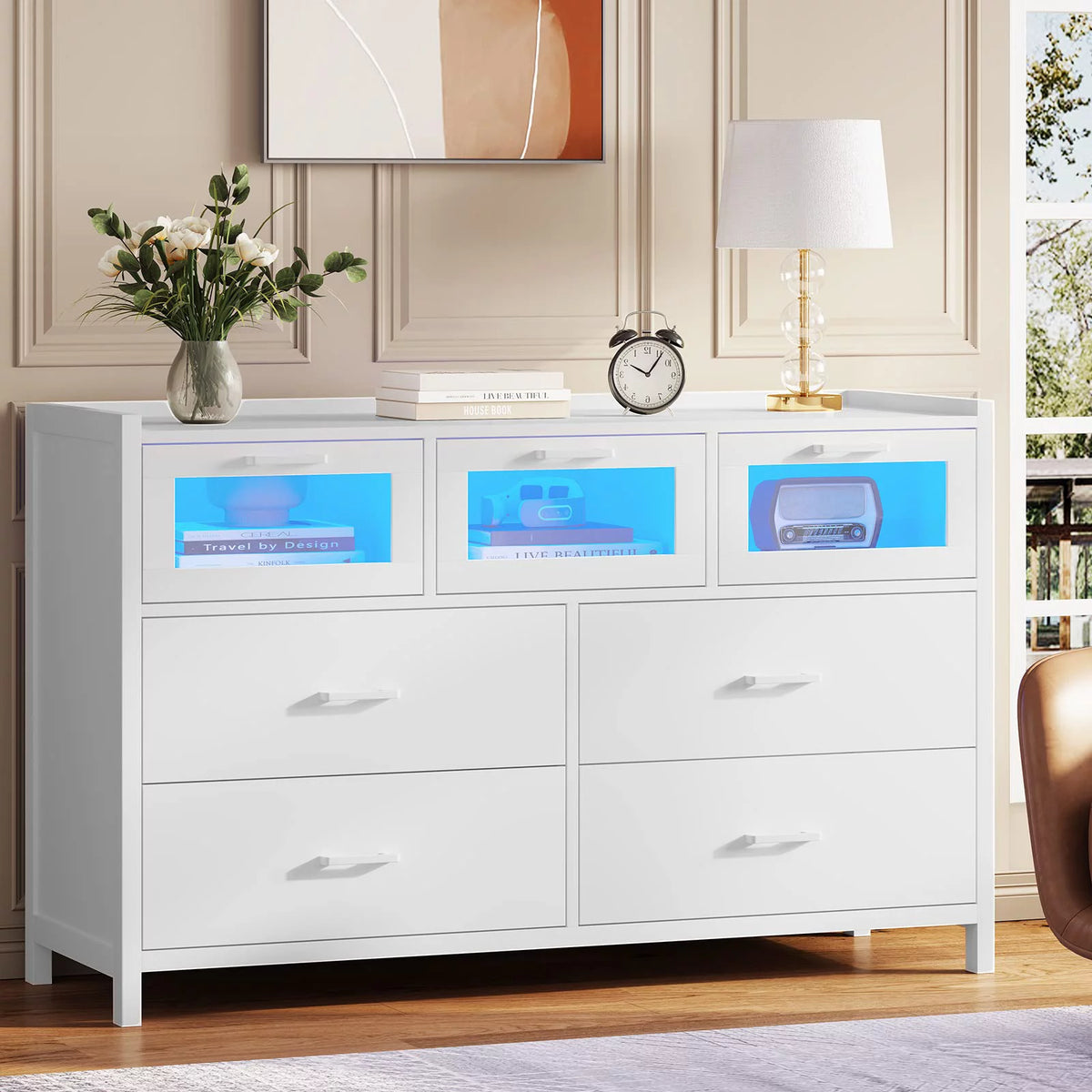 White 7 Drawer Dresser with LED Lights M54776