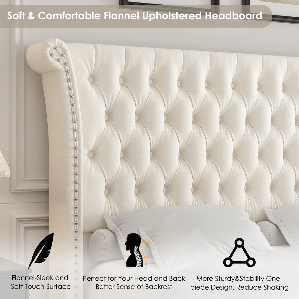 Queen Size White Velvet Upholstered Platform Bed Q1933