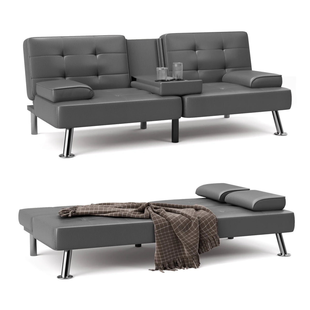 Faux Leather Convertible Futon Sofa Bed with 2 Cup Holders U80141