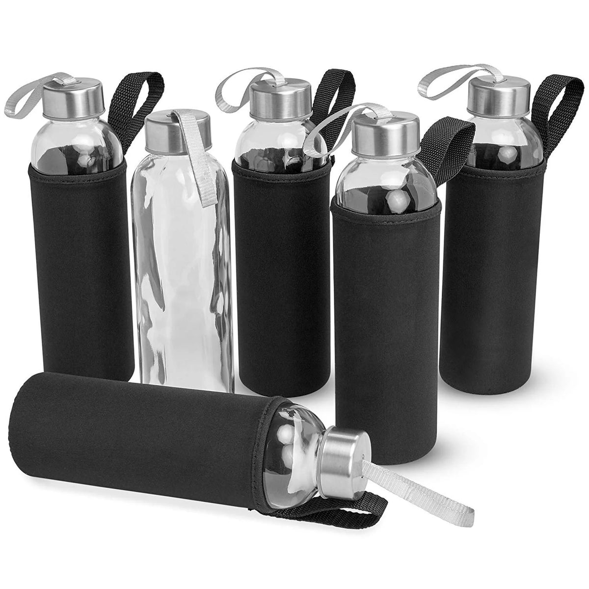 18 Oz Pack of 4 Glass Water Bottles with Lids and Sleeves N6202