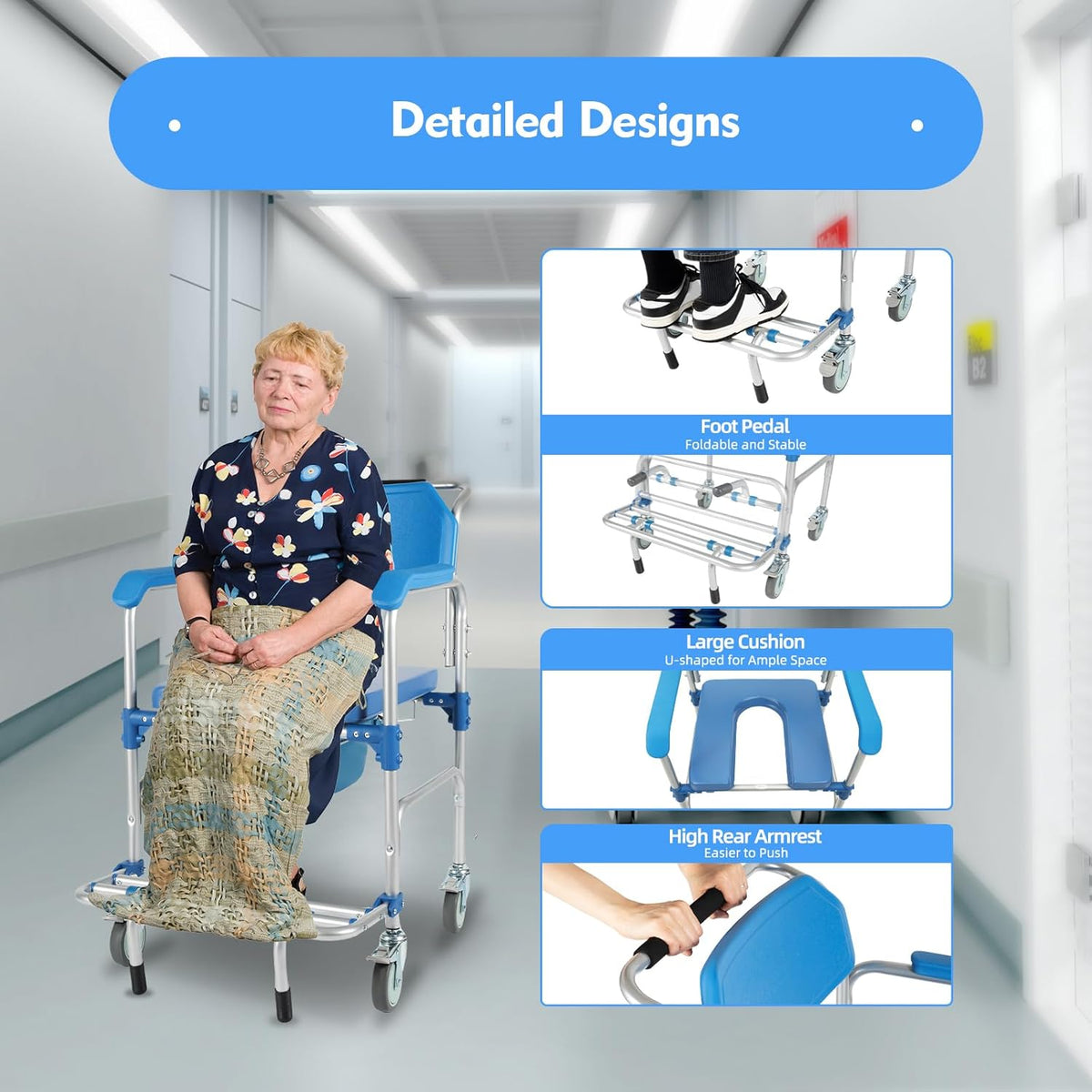 Shower Commode Wheelchair with 4 Universal Wheels, 330Lbs Capacity K6482