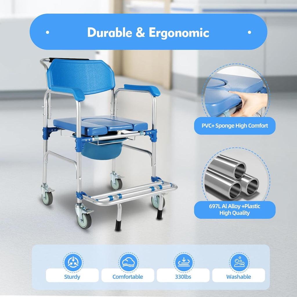 Shower Commode Wheelchair with 4 Universal Wheels, 330Lbs Capacity K6482