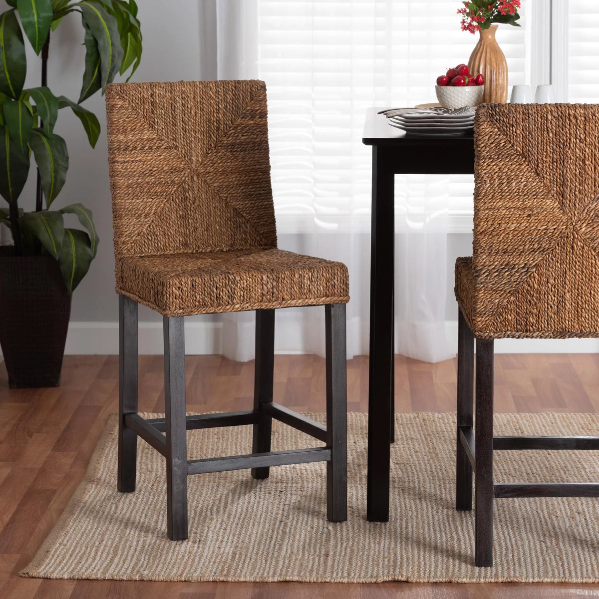 Dark Brown Mahogany Wood and Seagrass Counter Stool D58360