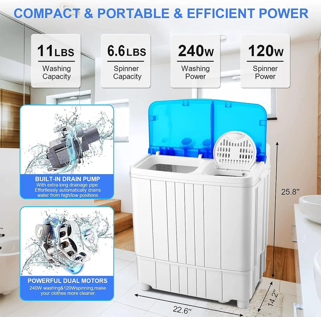 Mini Washing Machine, 11lbs Washer & 6.6lbs Spin Dryer Combo, Compact Washer Machine with Drain Pump A61252
