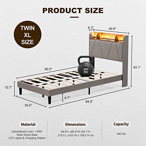 King Bed Frame with Charging Station and Storage Shelf Headboard, Upholstered LED Bed Frame with Solid Wood Slats, Light Brown U582144