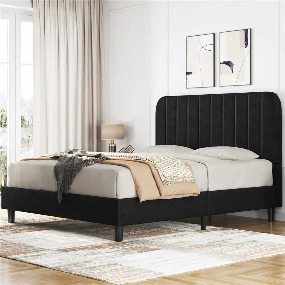Black Upholstered Queen Platform Bed with Headboard I21141