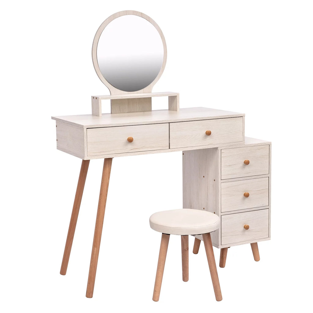 Makeup Vanity Table with Cushioned Stool, 5 Drawers, Round Mirror A510