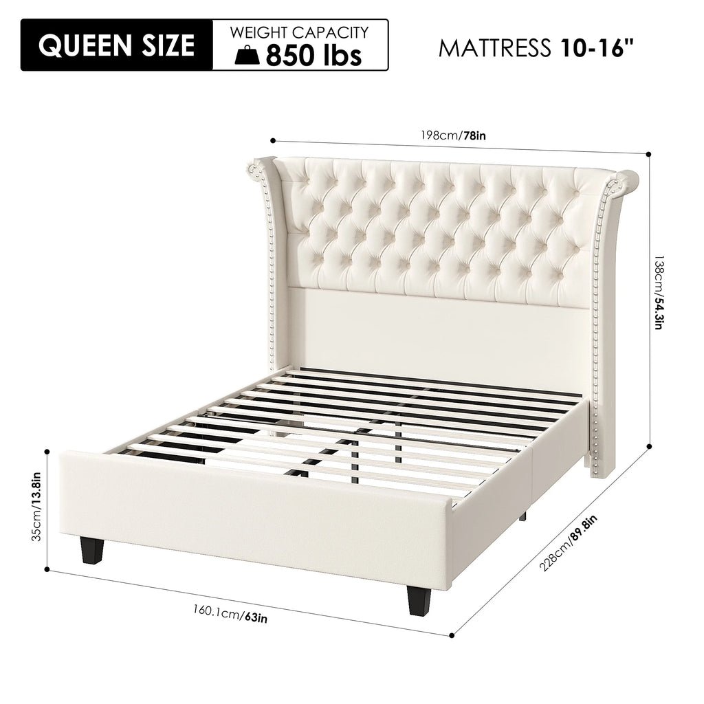 Queen Size White Velvet Upholstered Platform Bed Q1933