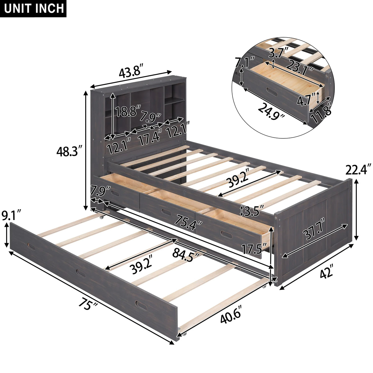 Twin Size Wood Platform Bed with Storage Headboard and Trundle C202605