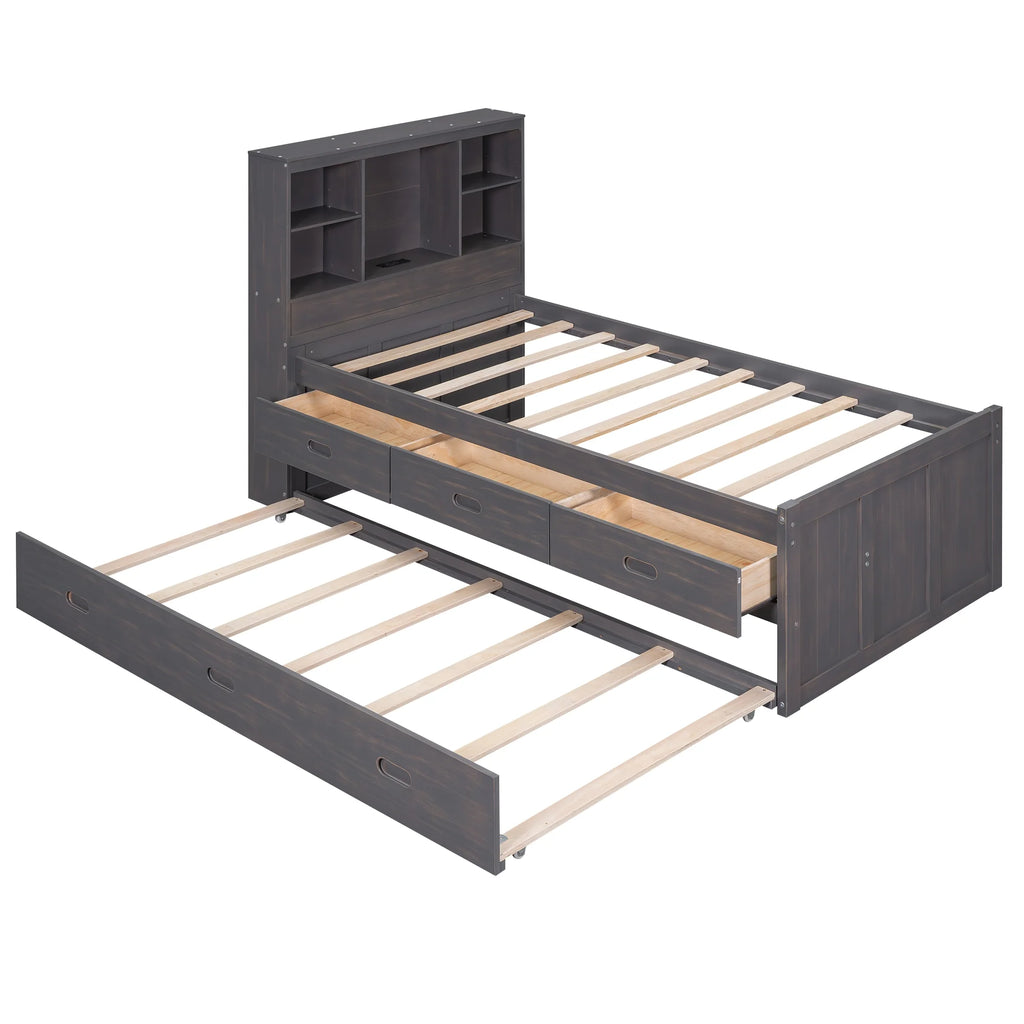 Twin Size Wood Platform Bed with Storage Headboard and Trundle C202605