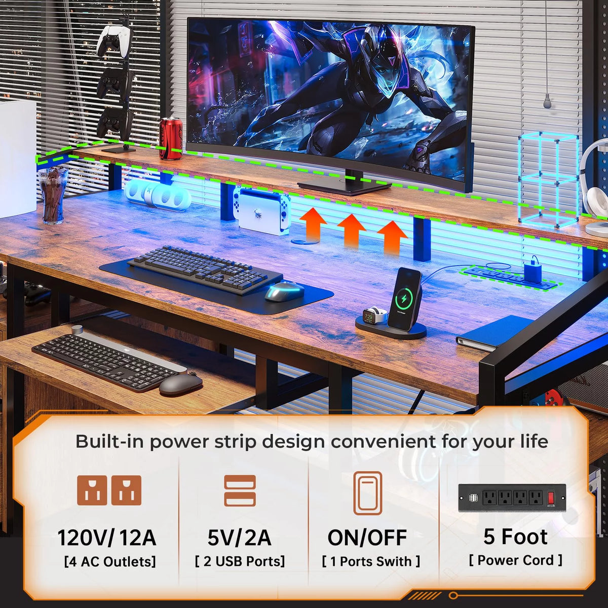 Computer Desk with LED Light and Power Outlet, 63 inches Gaming Desk with Lock Drawers E628