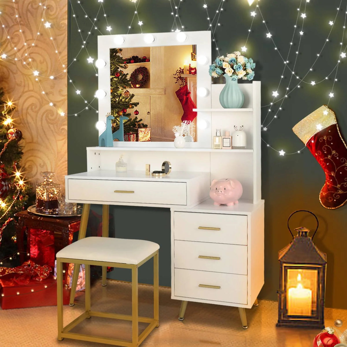 White Vanity Table Set with Lighted Mirror and 4 Drawers T42857