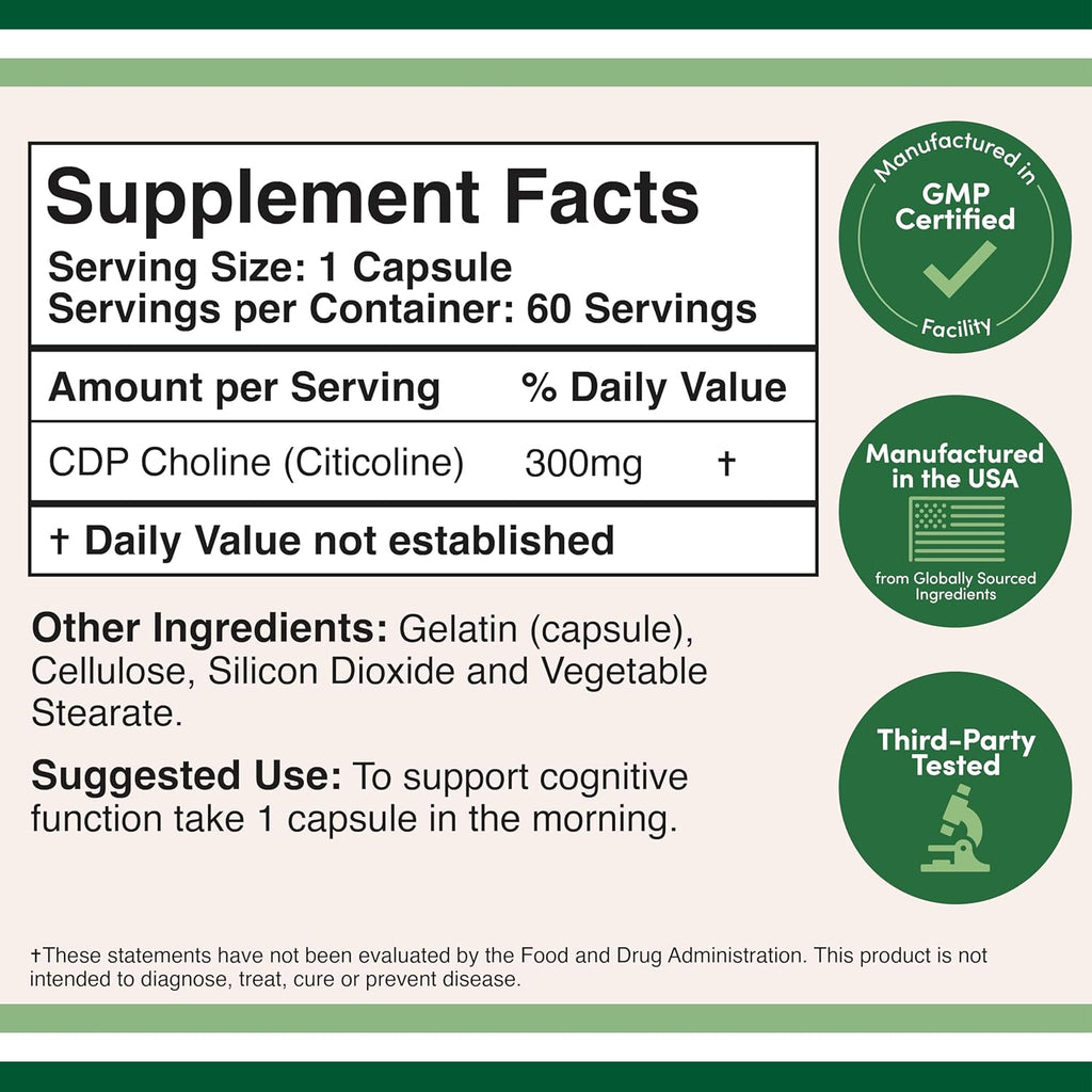 60 Capsules 300mg CDP Choline Supplement T180