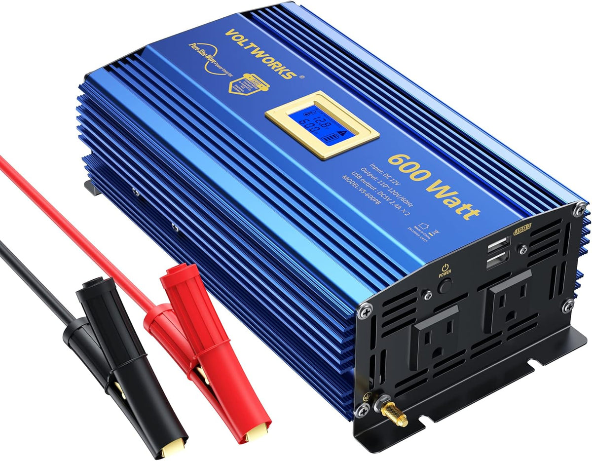 600 Watts Pure Sine Wave Power Inverter DC 12V to AC 110V 120V with Dual 2.4A USB Port & LCD Display K359