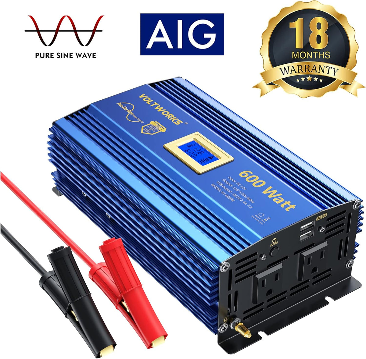600 Watts Pure Sine Wave Power Inverter DC 12V to AC 110V 120V with Dual 2.4A USB Port & LCD Display K359