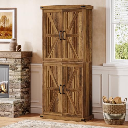 71" Tall Kitchen Pantry, Farmhouse Storage Cabinet with Barn Doors and Adjustable Shelves, Rustic Wooden Cupboard, Brown H98457