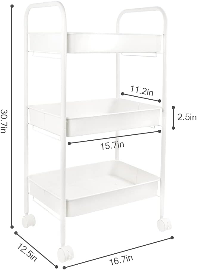 3-Tier Rolling Metal Storage Cart with Lockable Wheels, White H602194