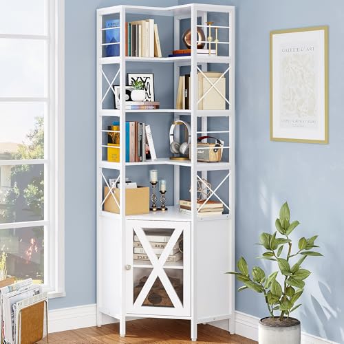 White 7-Tier Corner Bookshelf with Doors S37023