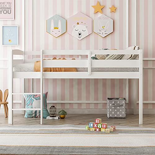 White Twin Size Wooden Loft Bed Frame with Ladder Y56205