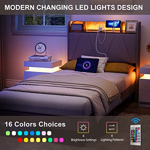 King Bed Frame with Charging Station and Storage Shelf Headboard, Upholstered LED Bed Frame with Solid Wood Slats, Light Brown U582144