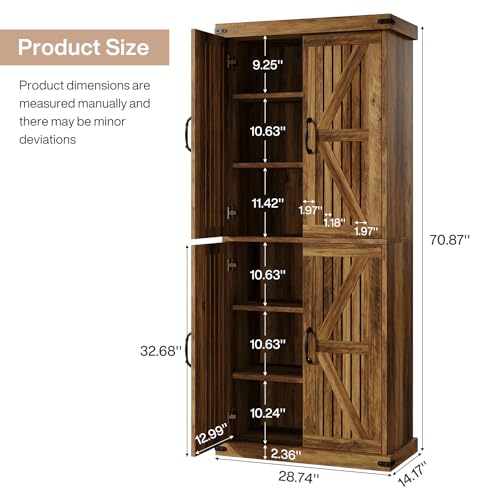 71" Tall Kitchen Pantry, Farmhouse Storage Cabinet with Barn Doors and Adjustable Shelves, Rustic Wooden Cupboard, Brown H98457
