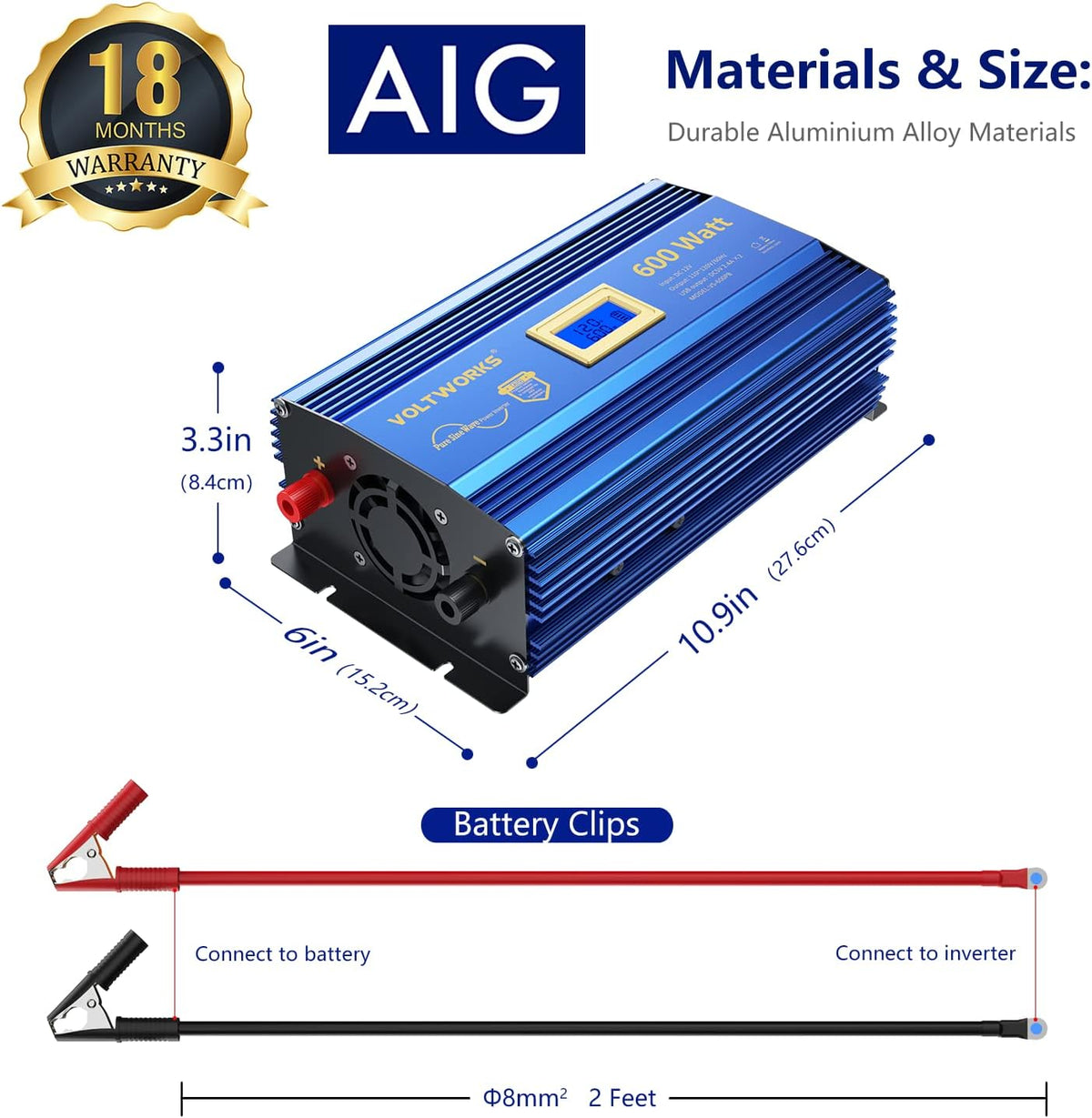600 Watts Pure Sine Wave Power Inverter DC 12V to AC 110V 120V with Dual 2.4A USB Port & LCD Display K359