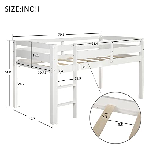 White Twin Size Wooden Loft Bed Frame with Ladder Y56205