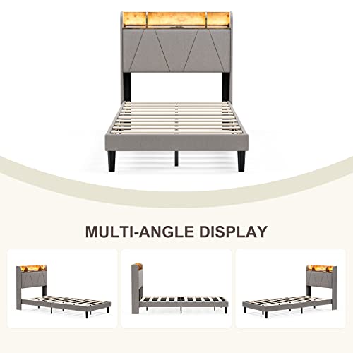 King Bed Frame with Charging Station and Storage Shelf Headboard, Upholstered LED Bed Frame with Solid Wood Slats, Light Brown U582144