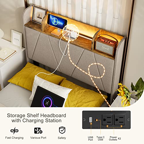 King Bed Frame with Charging Station and Storage Shelf Headboard, Upholstered LED Bed Frame with Solid Wood Slats, Light Brown U582144