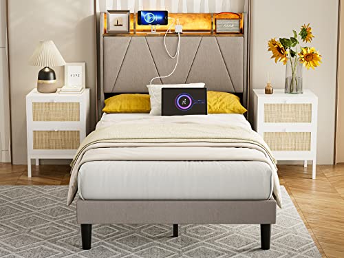 King Bed Frame with Charging Station and Storage Shelf Headboard, Upholstered LED Bed Frame with Solid Wood Slats, Light Brown U582144