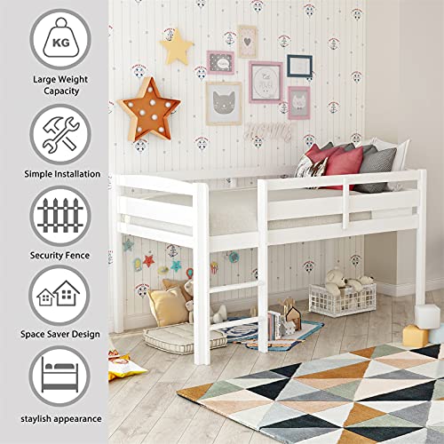 White Twin Size Wooden Loft Bed Frame with Ladder Y56205