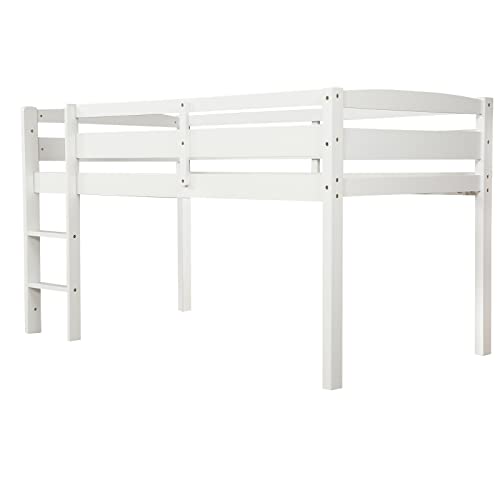 White Twin Size Wooden Loft Bed Frame with Ladder Y56205