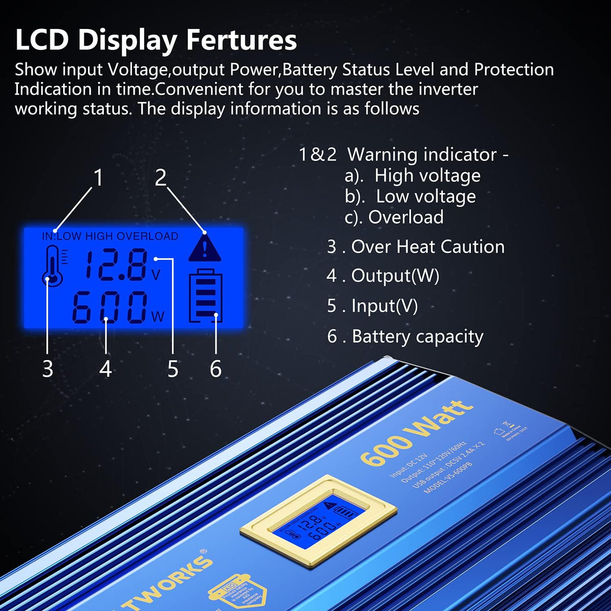 600 Watts Pure Sine Wave Power Inverter DC 12V to AC 110V 120V with Dual 2.4A USB Port & LCD Display K359