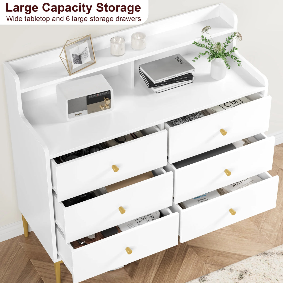 White 6 Drawer Wood Dresser with Hutch G1776