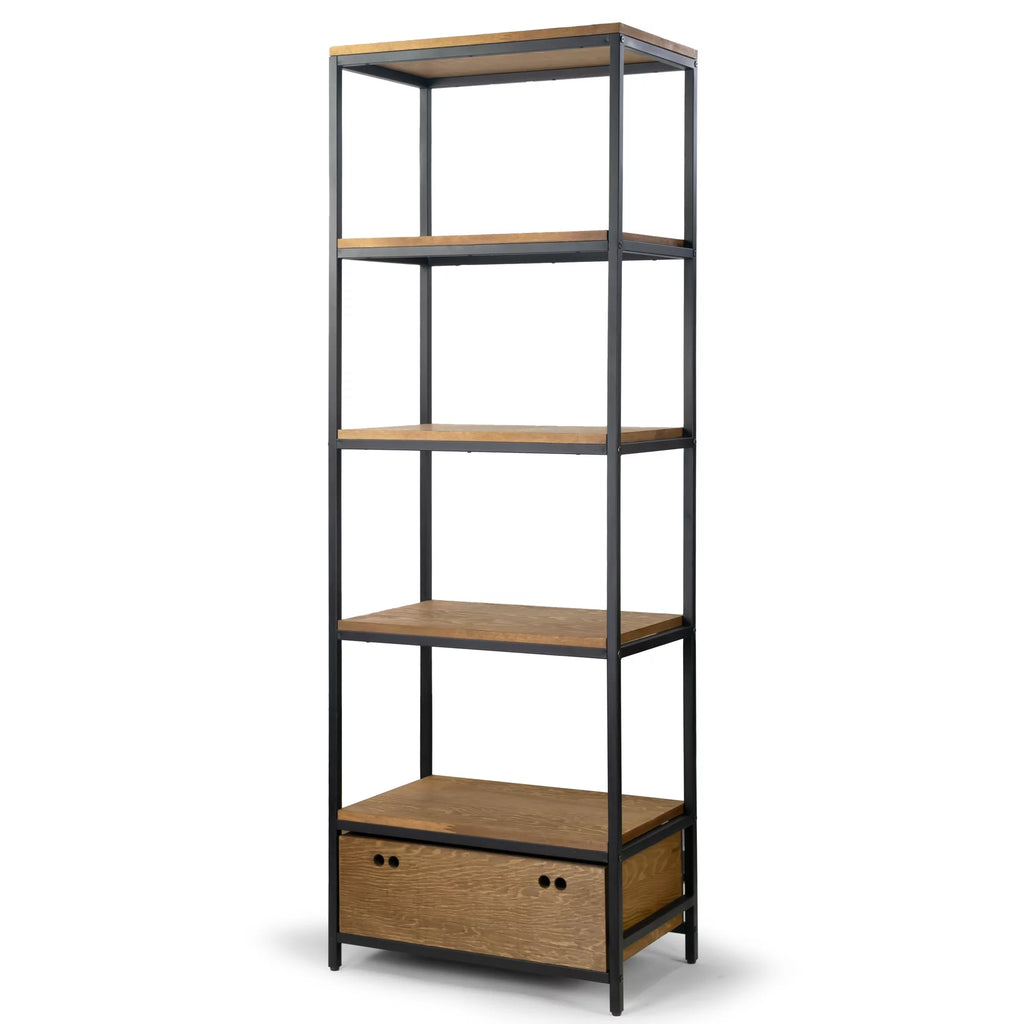 Brown Wood and Metal Bookcase with Drawer Y5799