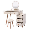Makeup Vanity Table with Cushioned Stool, 5 Drawers, Round Mirror A510
